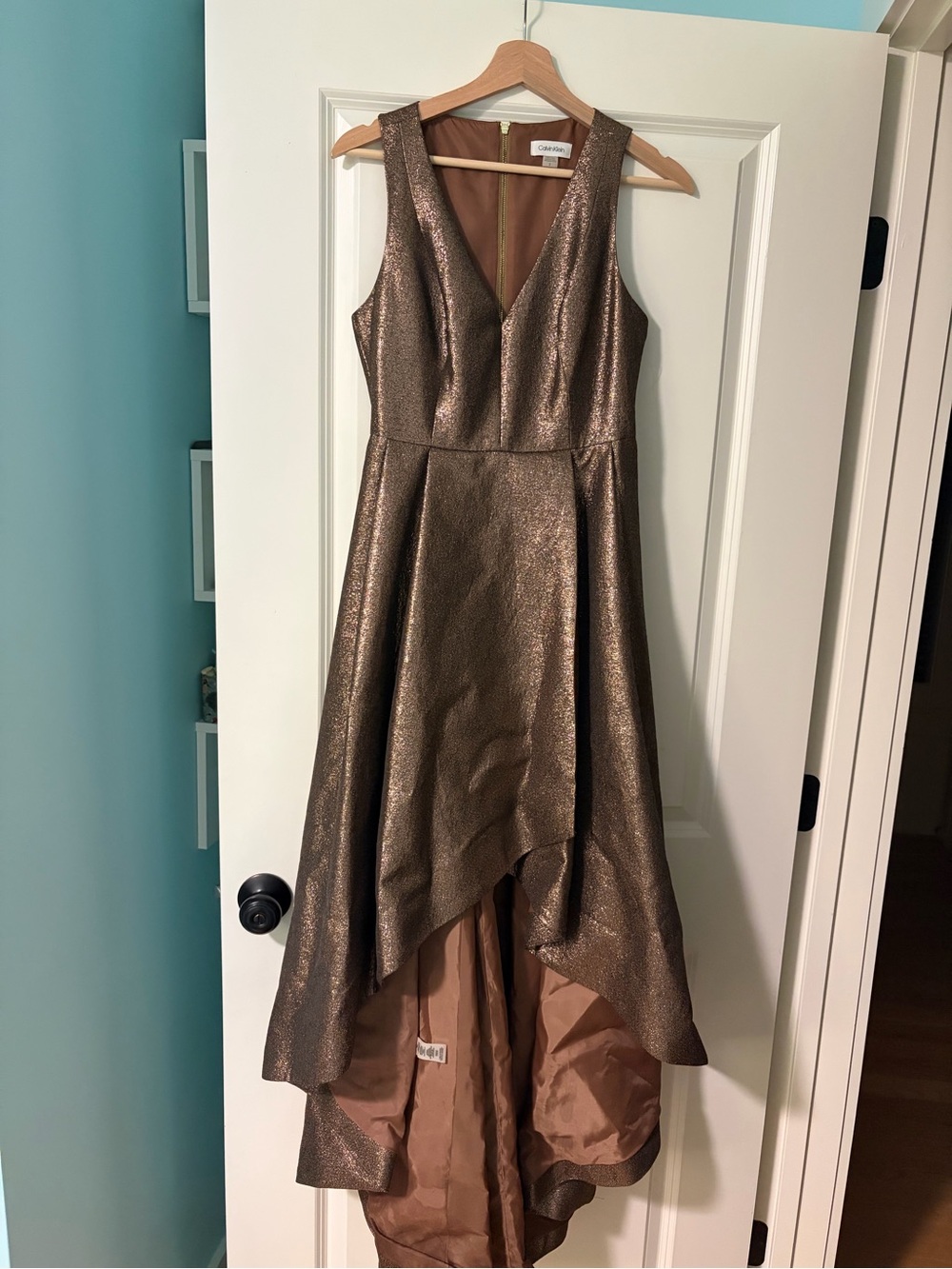 Calvin Klein Shimmery Bronze High-Low V-Neck Dress
